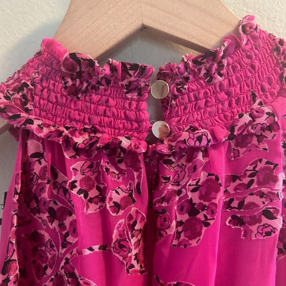 White House Black Market Floral Burnout Smocked-Neck Midi Dress Size 4 Pink - Picture 6 of 9